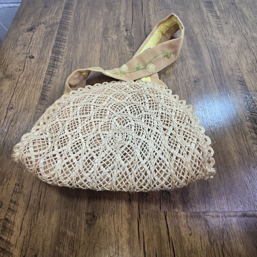 Vtg Sisal Straw Cottagecore Sunny Yellow Flower Bag - Picture 6 of 9